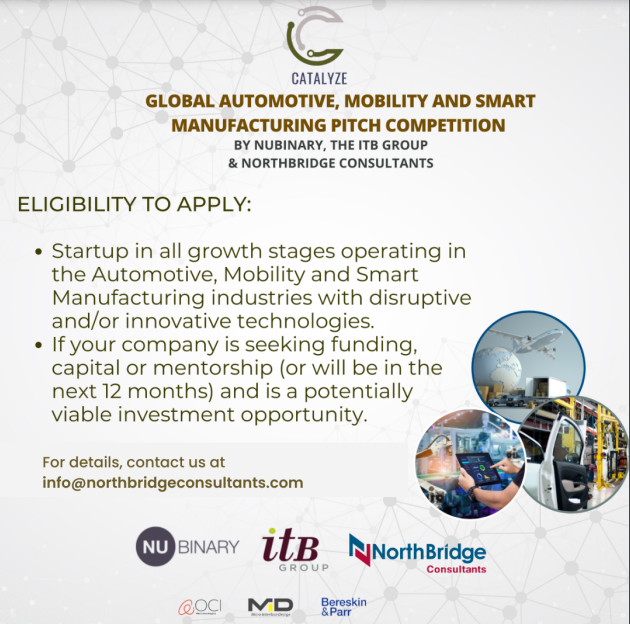 Fantastic opportunity for #automotive and #mobility innovators looking for funding, capital, and mentorship to take their tech to the next level! But hurry - deadline to apply is Oct 24th:

northbridgeconsultants.com/catalyze-2022/

<a href="/iF_hamont/">Innovation Factory</a> #pitchcompetition