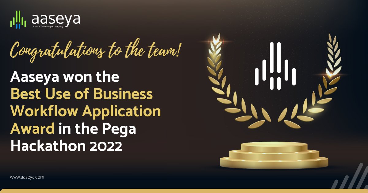 AaseyaIT's tweet photo. Such a proud feat!
Aaseya has won the Best Use of Business Workflow Application Award in the Pega Hackathon 2022!
Learn more about our entry here: https://t.co/HfWtY2uTfi
#Aaseya #LifeAtAaseya #achievement #proudmoment #pegahackathon #winners #hackathon2022 #hackathonwinners https://t.co/5YQtV1U3bb