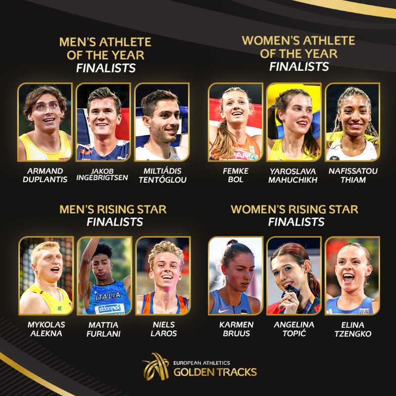 EuroAthletics's tweet photo. Less than four hours to go! ⏳

Tune in live to the Golden Tracks from 7.00pm CET when the European Athletes of the Year and Rising Stars will be announced! 🏆

#GoldenTracks