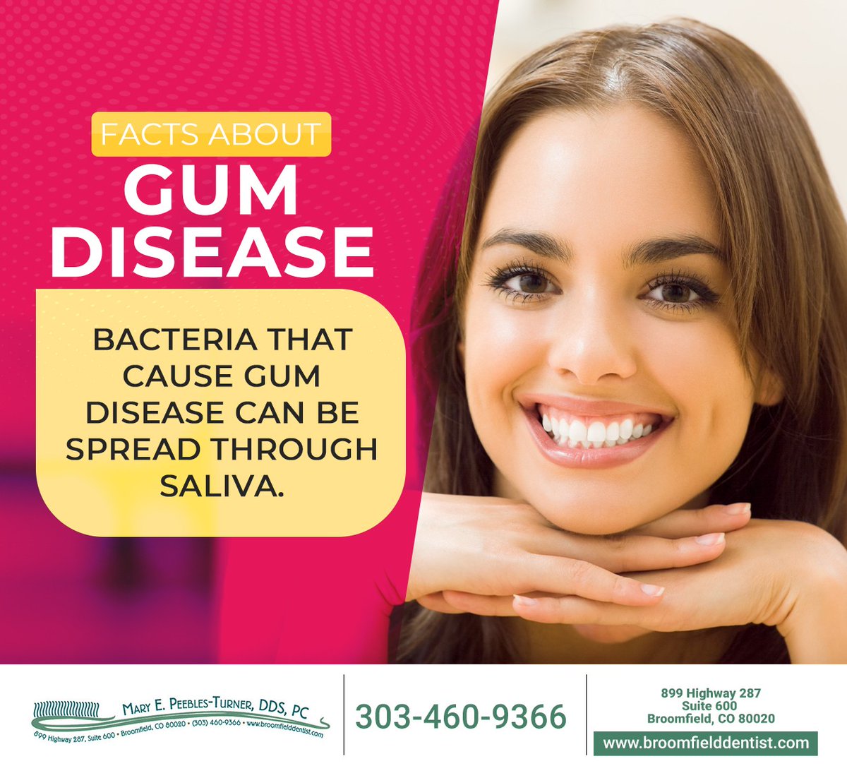 DrPeeblesTurner's tweet photo. Did you know sharing utensils, drinks, and even kissing can spread bacteria that can lead to gingivitis? Poor oral hygiene increases your risk of #gumdisease which can eventually lead to tooth loss. #broomfield #CO #maryepeeblesturnerdds https://t.co/idyF51RV2s