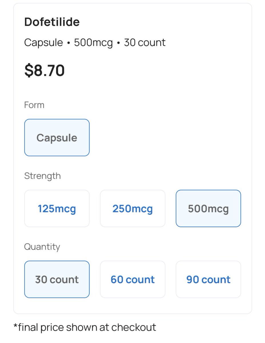 #epeeps this is worth sharing. How many of your patients had to stop dofetilide or other drugs due to cost? 
Take a look at #costplus. Several generic meds at deep discounts. Hope to see DOACs on this list soon.
costplusdrugs.com/medications/do…