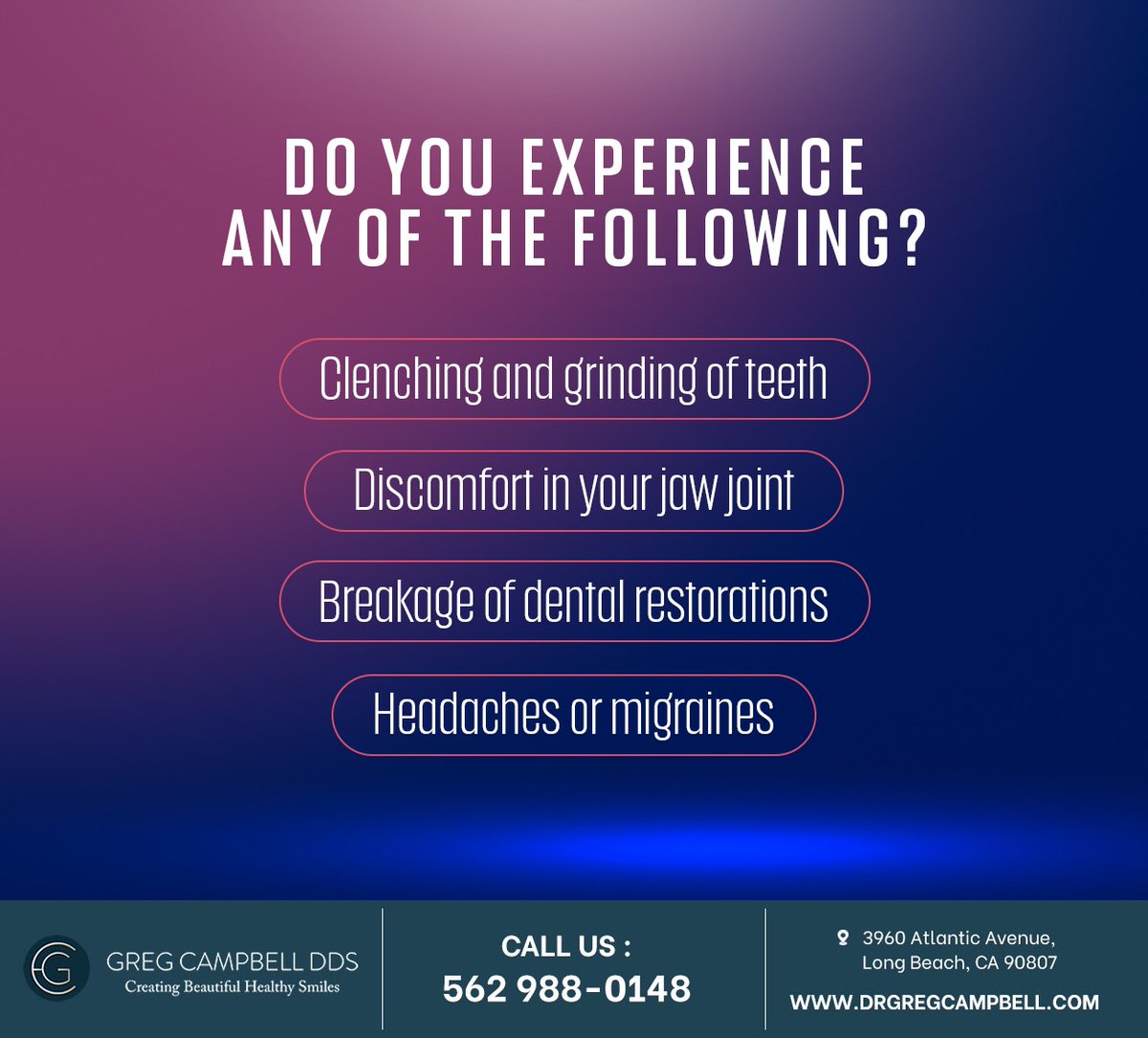 DdsCampbell's tweet photo. These bruxism and TMJ disorder symptoms can lead to neck and jaw pain. Schedule a consultation with us at https://t.co/CSqdLM8mlF to learn more about the causes and possible treatments for neck and jaw pain. #painrelief #gregcampbelldds #longbeach #CA https://t.co/A0UGzrdJVO