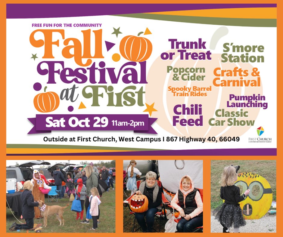 FUMCLawrence's tweet photo. FALL FESTIVAL at FIRST, SAT, OCT 29, 11 AM- 2 PM, First Church West Campus 867 W Hwy 40, 66049.
Free Fun for ALL ages!  Open to the Community! https://t.co/0JXbjQrzji