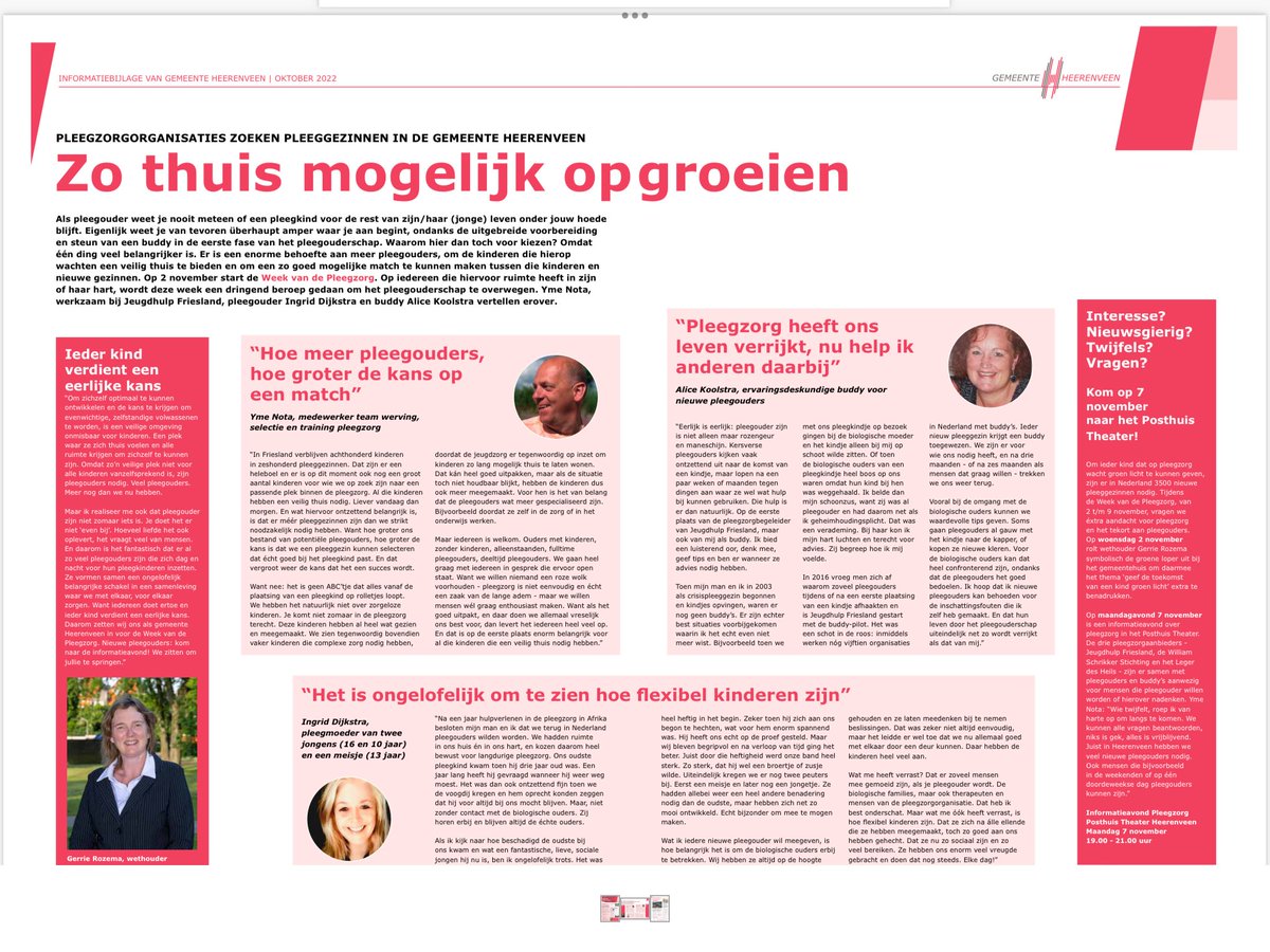 In de aanloop naar de Week van de Pleegzorg (2 - 9 november) een mooi artikel in Groot Heerenveen. Kom op 7 november naar het Posthuis Theater in Heerenveen voor meer informatie over pleegzorg #pleegzorg #weekvandepleegzorg #friesland