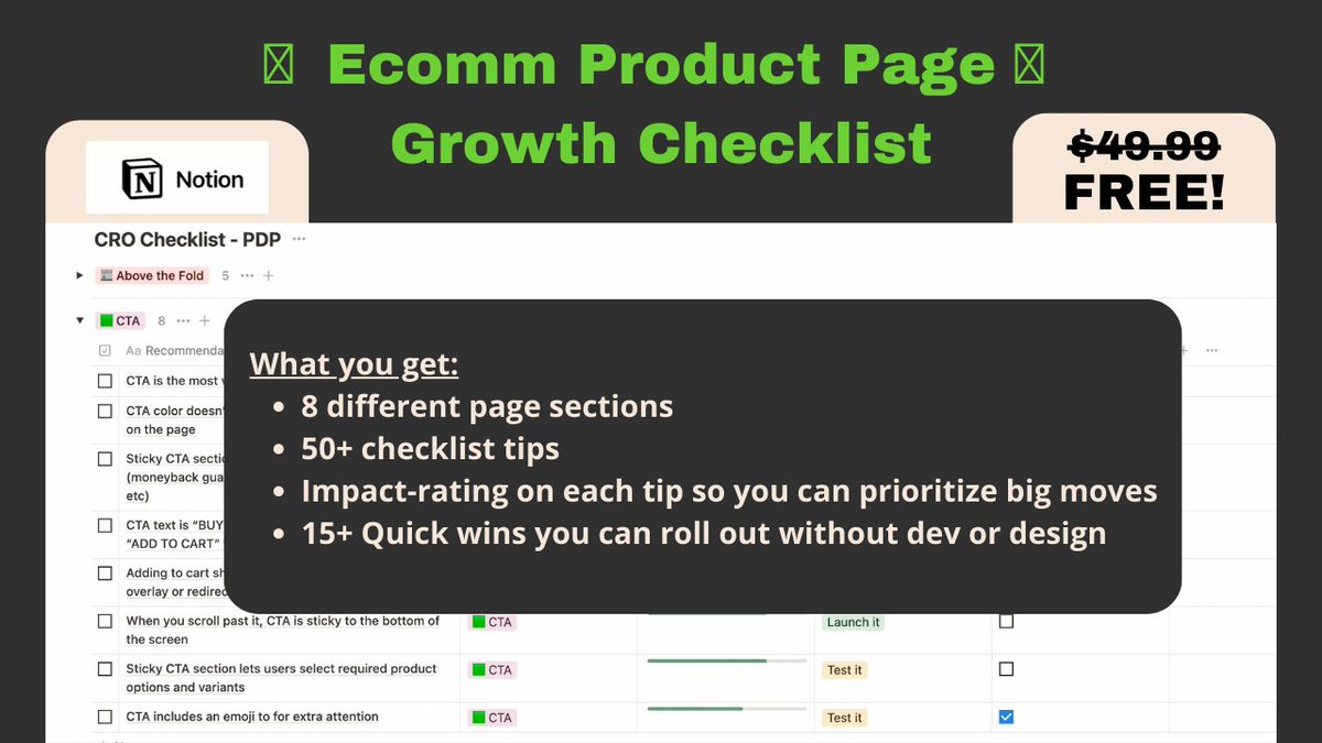 I've run 100+ product page tests

And routinely grew sales by 5-10%. 

TODAY ONLY:
I'm giving away my PDP conversion rate checklist:
- 52 actionable tips guaranteed to boost sales on your product page

Retweet this, comment "CRO" and I'll DM you a link 

(must follow me)
