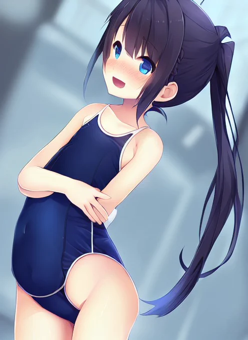 #NovelAI にスク水を描いてもらう詠唱を教わったので描いてもらったんだけど、前々から気になってた『重ね書き』って機能を使ってみたら水着の質感が良くなったり水着にシワが出来たりおヘソの描写が加わったりして驚いた(全ての絵でそうなるわけではない) 