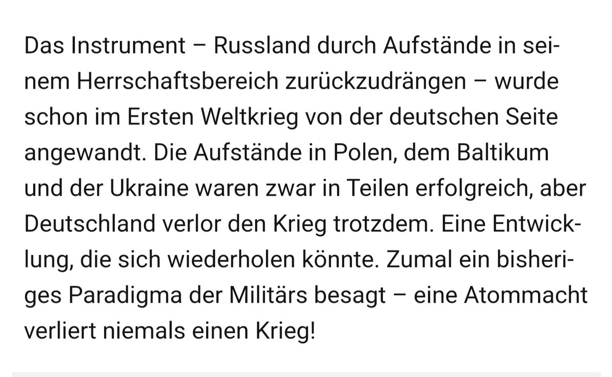 Man muss Russland nicht mögen, aber man muss dessen Stärke erkennen. Es geht hierbei um eine riesige Atommacht. Dieses mittlerweile schon fast dogmatische Kleinreden von Russland wird uns irgendwann noch Kopf & Kragen kosten... #Russland #Putin