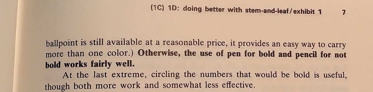 From John Tukey "Exploratory Data Analysis" . Talking about the 4 color Bic pen. In the 1970s. The pen is still around, and so is EDA

#datascience #statistics #EDA #visualization #tukey #pens #writing #books