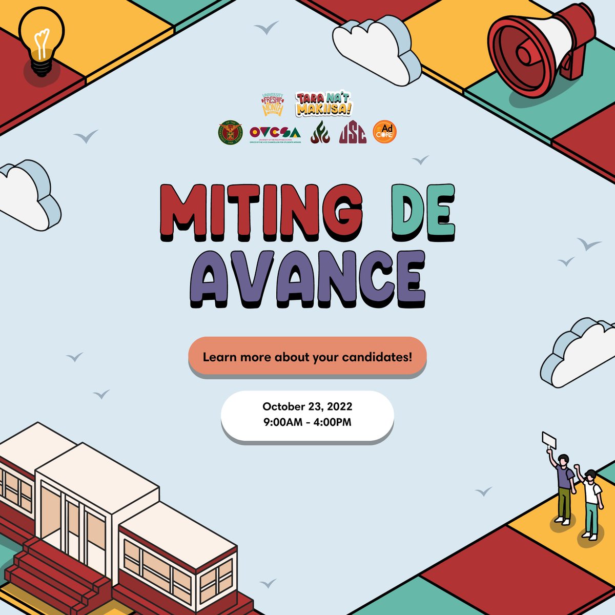 UP_UFM's tweet photo. [UFC MITING DE AVANCE 2022]

We’re at the end of the road! 

Find out more about your candidate’s projects, beliefs, and more during tomorrow’s MDA from 9AM-3PM which will be live-streamed on the UFM page 🤩

#HumanayTumindigUFC
#TaraNaMakiisa
#UFM2022 https://t.co/3rgUyIYPzZ