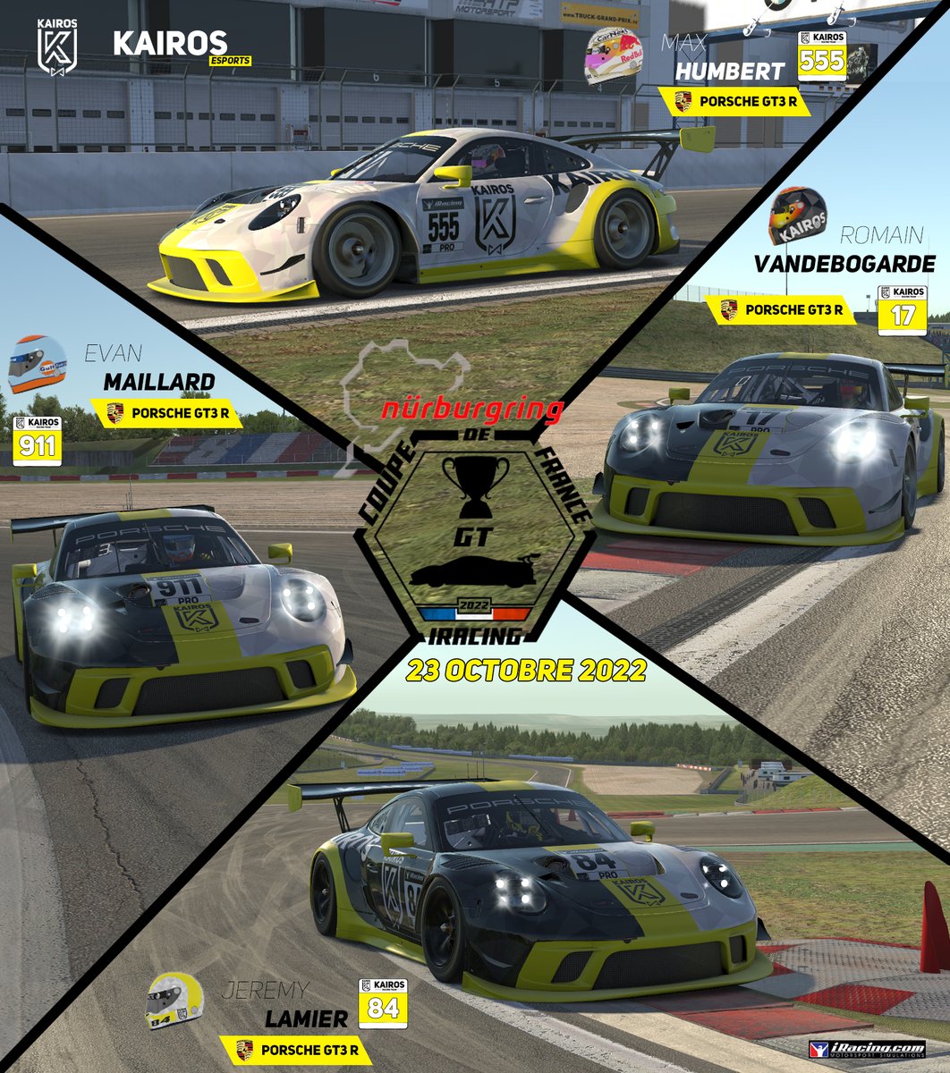 Kairos eSports (@kairos_esports) on Twitter photo 🟡 Ce dimanche c'est coupe de France gt 🟡
🏁 Nos trois pilotes français vont prendre part à la coupe de France gt organisée ce week-end. Ils seront rejoint pour l'occasion par notre team manager esport.
Bonne chance à nos 4 pilotes pour cette épreuve 💪 🟡 Ce dimanche c'est coupe de France gt 🟡
🏁 Nos trois pilotes français vont prendre part à la coupe de France gt organisée ce week-end. Ils seront rejoint pour l'occasion par notre team manager esport.
Bonne chance à nos 4 pilotes pour cette épreuve 💪