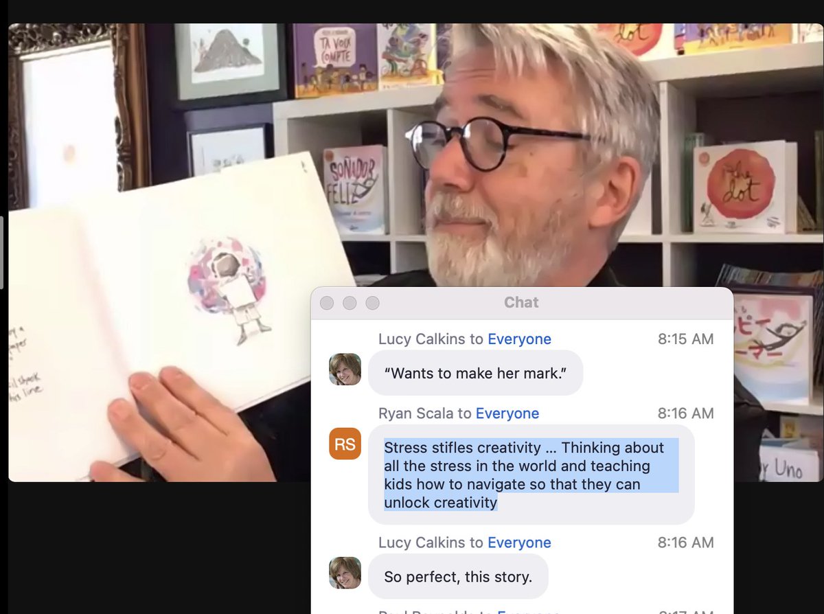 The chatbox helps us all grow and learn. Thank you Ryan Scala for always capturing such beautiful ideas prompted by your learning. #TCRWP #SaturdayReunion

"Stress stifles creativity. How do we help kids and teachers navigate all this stress so they can unlock creativity?"