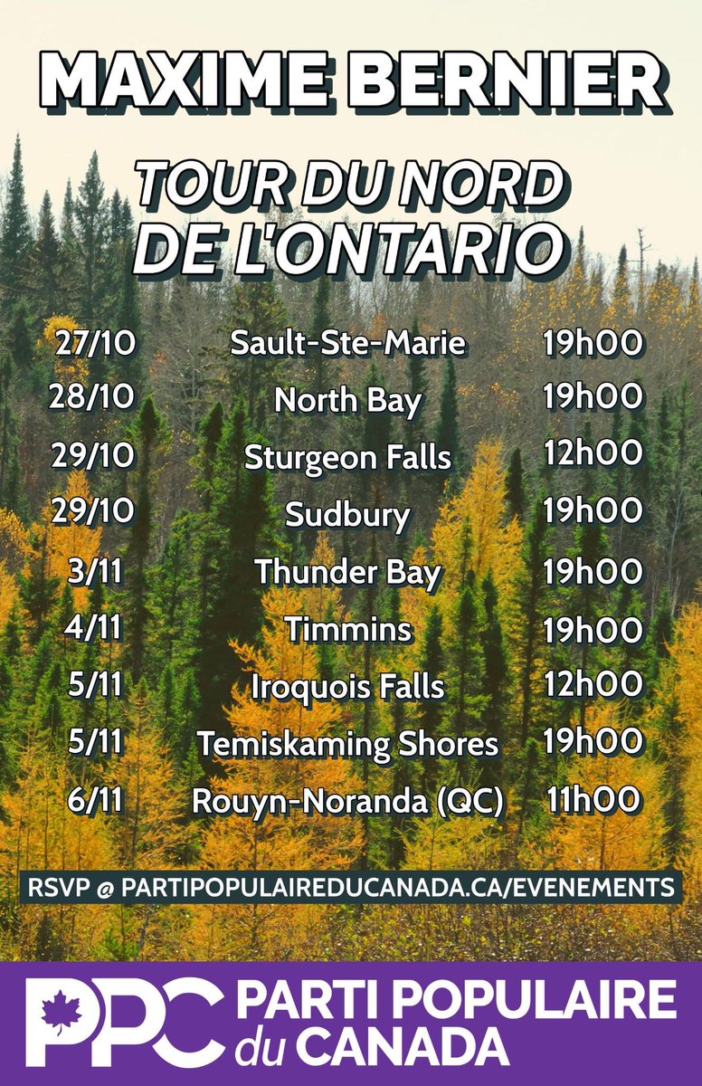 MaximeBernier's tweet image. Je serai en tournée dans le nord de l’Ontario à la fin octobre et au début novembre! Notez-le à votre calendrier! 

Détails et RSVP👇
fr.thepeoplespartyofcanada.ca