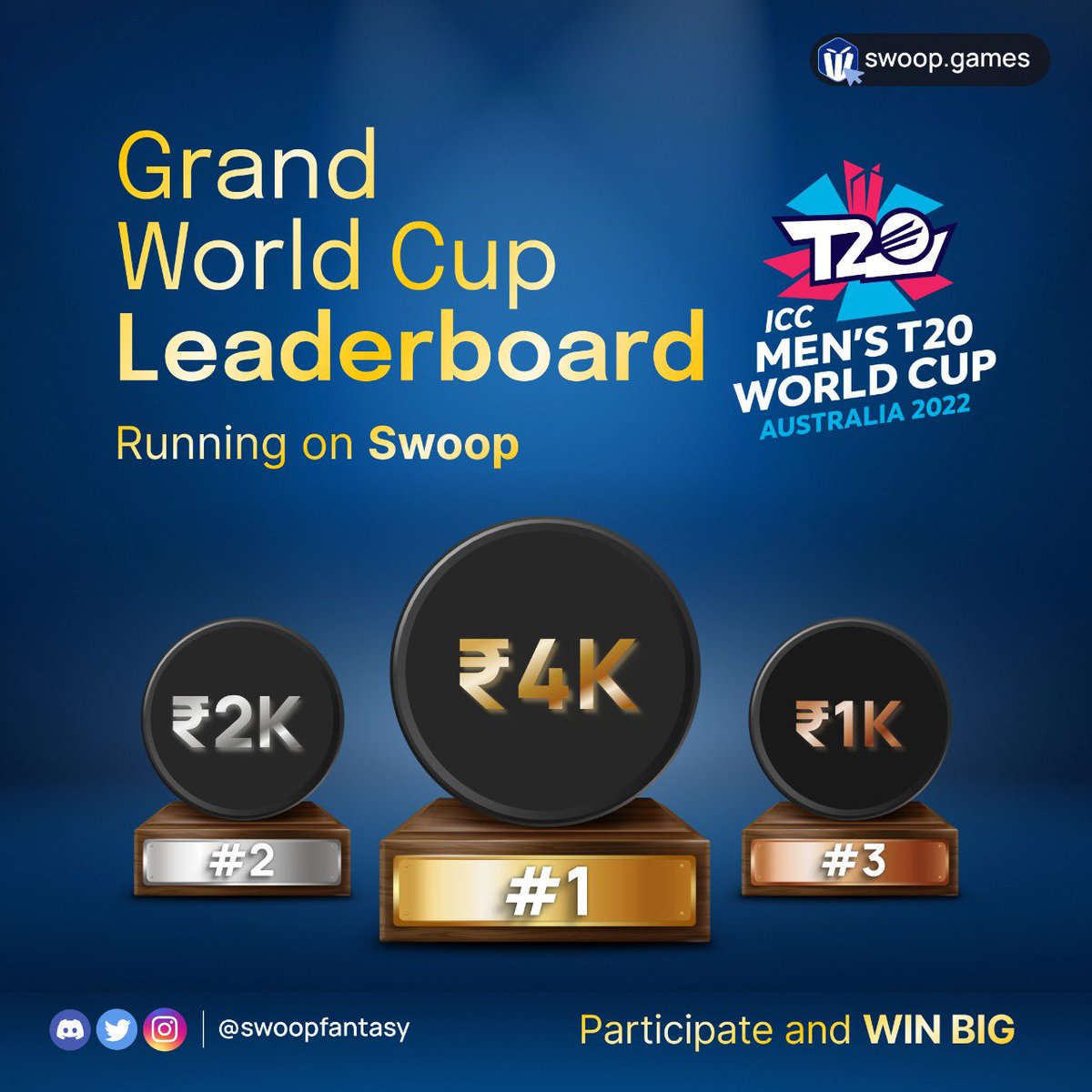 Introducing Swoop Grand World Cup Leaderboard 🏆

Top 3 total of highest fantasy scores from all the World Cup’22 Contests to win a pool prize of ₹7,000💰 by the end of season!

More the teams = higher the odds of ranking up! 🚀

All the best 🤑❤️