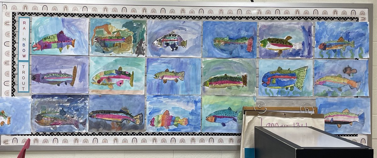 We can’t wait to watch the trout grow! 1st/2nd grade crayon-resist watercolor paintings. #troutintheclassroom