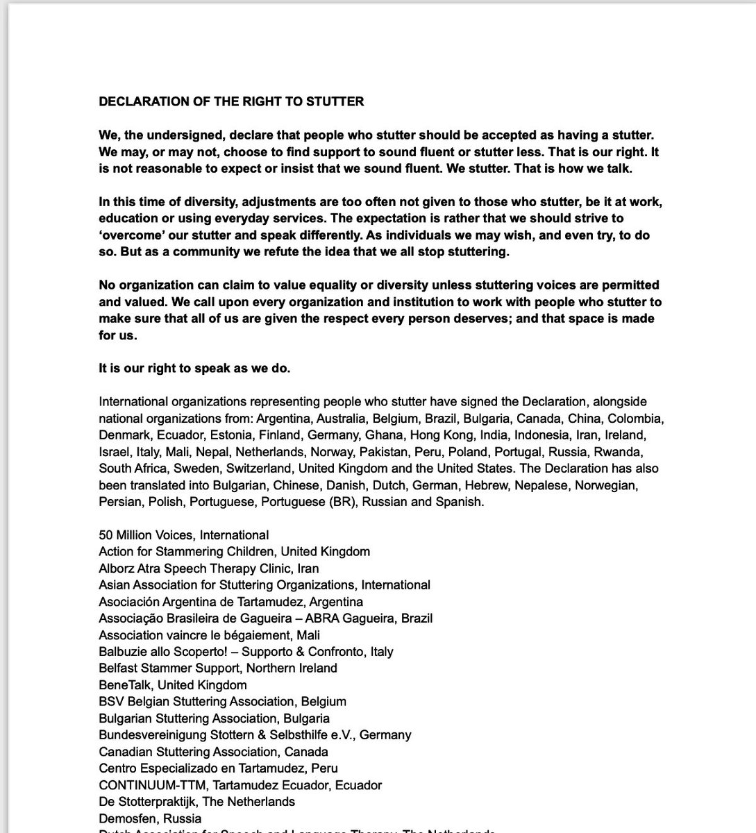 Today on International Stuttering Awareness Day #ISAD2022, proudly combining with 82 other Stuttering Organisations from 43 countries & 6 Continents in declaring our #RightToStutter! Full Declaration & list of 83 amazing organisations on our home page 50MillionVoices.org