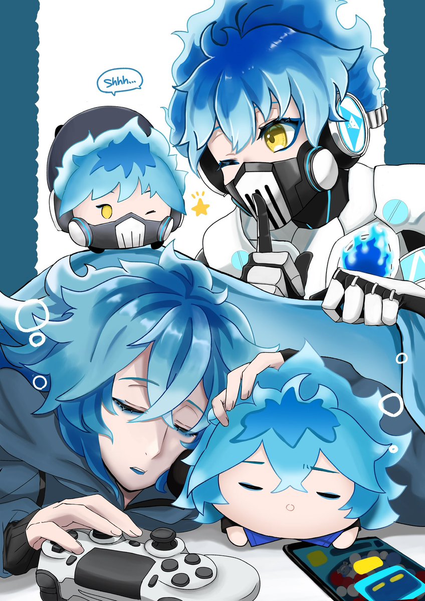 2boys multiple boys blue hair hood yellow eyes hoodie male focus  illustration images