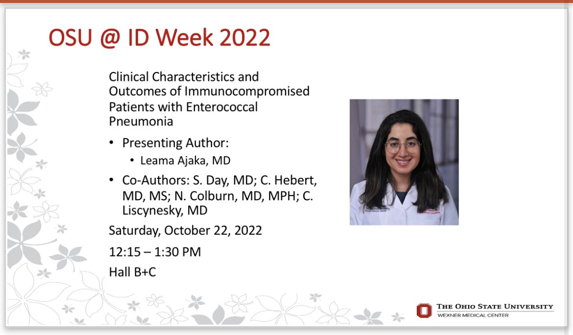 Division of Infectious Diseases at Ohio State (@ohiostate_id) on Twitter photo ID fellow poster 🚨 🚨 🚨 <a href="/leamaajaka/">Leama Ajaka</a> will present on Clinical Characteristics and Outcomes of Immunocompromised Patients with Enterococcal Pneumonia today. <a href="/ShandraDayMD/">Shandra Day, MD</a> <a href="/NoraColburn/">Nora Colburn</a> <a href="/liscynesky/">Christina Liscynesky</a> @IDWeek2022 <a href="/IDSAMedEdCOP/">IDSA Medical Education Community of Practice</a> <a href="/OSUWexMed/">The Ohio State University Wexner Medical Center</a> ID fellow poster 🚨 🚨 🚨 <a href="/leamaajaka/">Leama Ajaka</a> will present on Clinical Characteristics and Outcomes of Immunocompromised Patients with Enterococcal Pneumonia today. <a href="/ShandraDayMD/">Shandra Day, MD</a> <a href="/NoraColburn/">Nora Colburn</a> <a href="/liscynesky/">Christina Liscynesky</a> @IDWeek2022 <a href="/IDSAMedEdCOP/">IDSA Medical Education Community of Practice</a> <a href="/OSUWexMed/">The Ohio State University Wexner Medical Center</a>