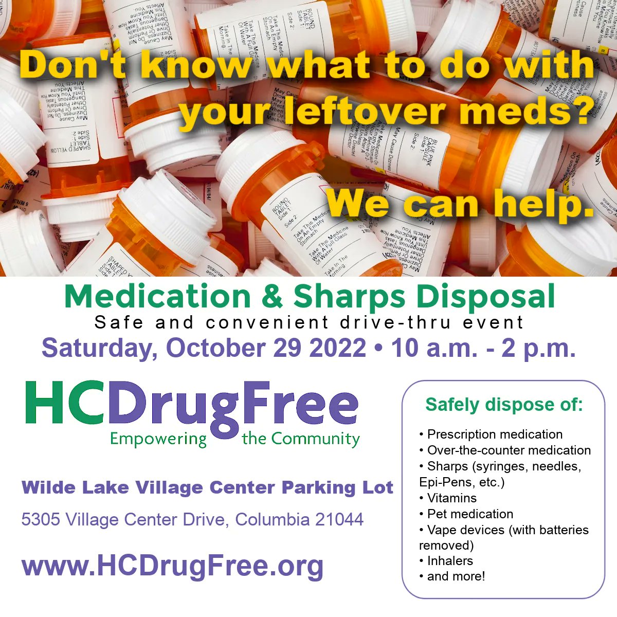 HCdrugfree's tweet image. 1 week til Drug Take Back Day! Set a reminder and bring all your unwanted/expired meds, sharps, etc. to our drive-thru disposal event: Sat Oct 29 • 10 am - 2 pm! buff.ly/2JOUBt6 #drugtakebackday #hocomd #hocoevents #howardcountymd #hocohealth #ittakesavillage