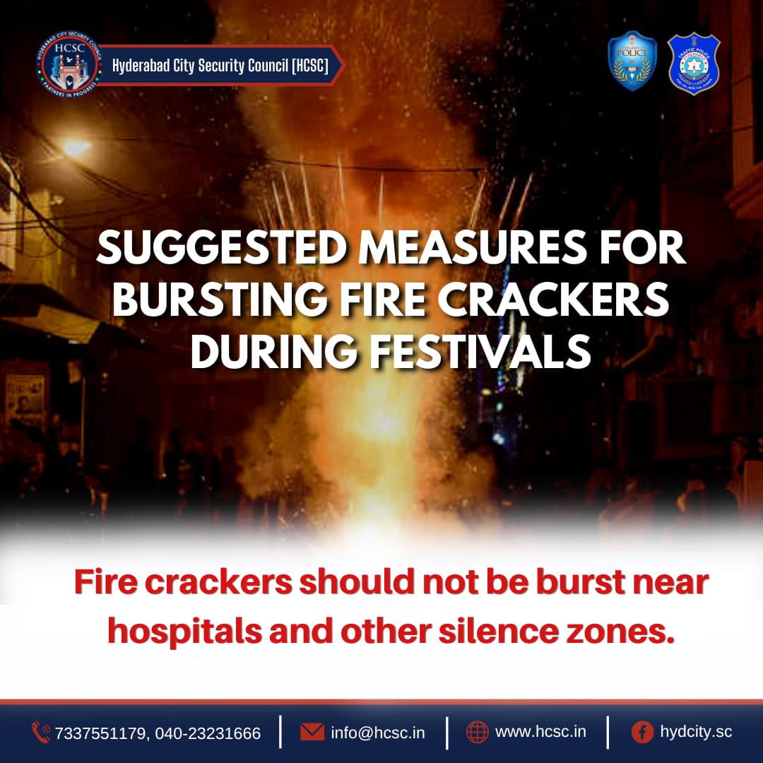 Firecrackers should not be burst near hospitals and other silence zones.

#silencezone #hospitals #clinics #nursinghome #HCSC #Hyderabad #HyderabadCitySecurityCouncil #safediwali #celebrations #Diwali 
#Diwali2022 

@HYDTP