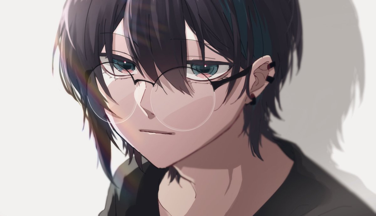 glasses 1boy solo male focus piercing ear piercing black hair  illustration images