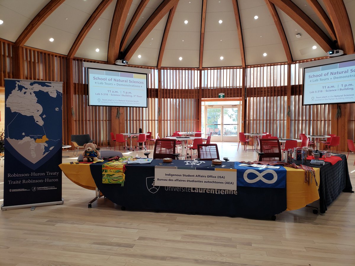 NookaaO's tweet photo. The @IndigenousLUL staff are ready to meet future students and their families today @LaurentianU Open House. #evergoodulul #RoundRoom #ISLC #canuseeme #whereisNookaa https://t.co/DOA41o4eOj