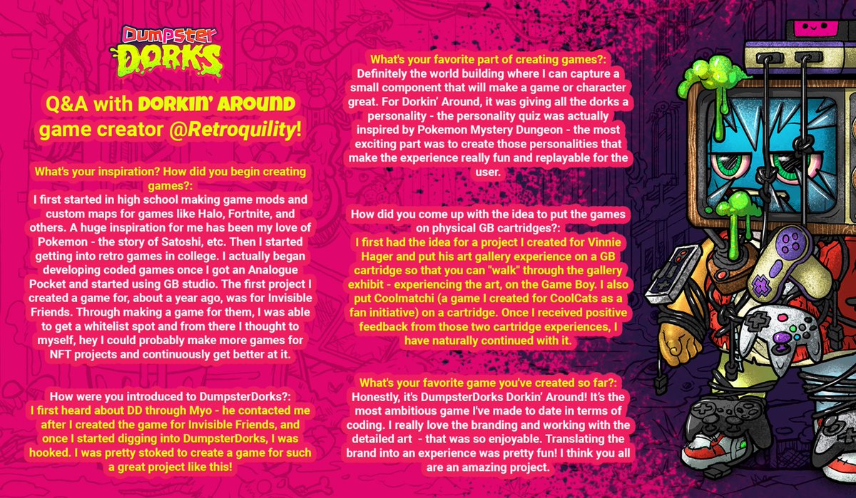 DumpsterDorks's tweet photo. Q&amp;A with @retroquility - the creator of the DumpsterDorks game Dorkin' Around! to play the game, go here:https://t.co/JHsFI7B9bM
To enter the contest, go here: https://t.co/OPMiNIwqsJ
  #community #gameboygame #dorkout #dumpsterdorks https://t.co/YRA75nXkT7