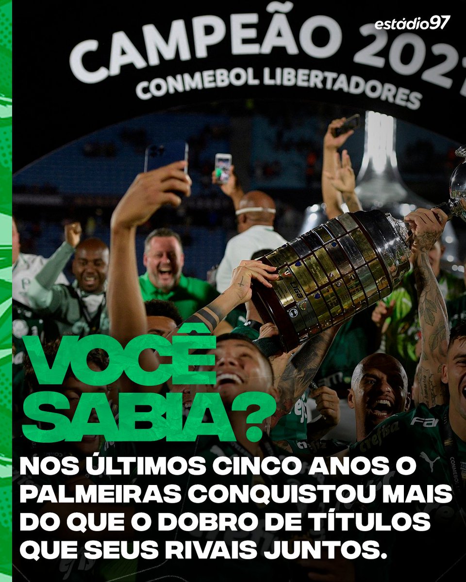 UMA MÁQUINA DE CONQUISTAS 🏆🥵
Perto da 11ª conquista de Brasileirão, o Palmeiras soma mais do que o dobro de conquistas nos últimos cinco anos, do que seus principais rivais juntos.