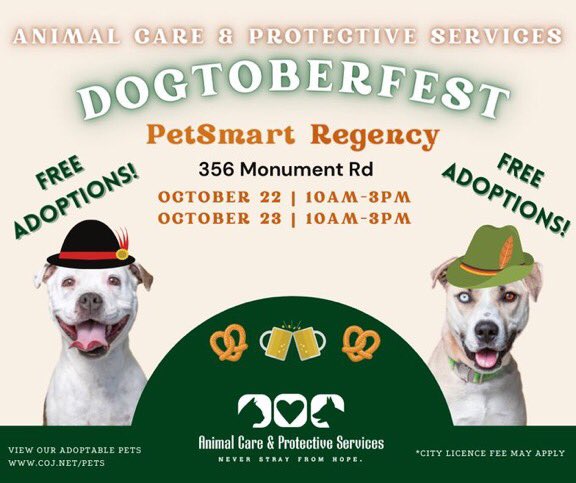 October is Adopt-a-Shelter Dog Month 🐕 Join @JaxACPS at @PetSmart (356 Monument Road) today and Sunday from 10am to 3pm for Dogtoberfest, a free adoption event with 50+ dogs available each day! To view available dogs ready to celebrate with you, visit coj.net/adopt.
