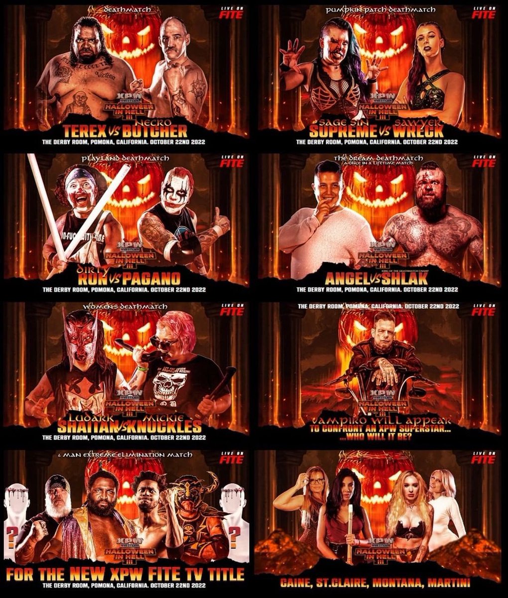 Triller_TV's tweet photo. 🎃Fans of wrestling, Halloween is coming early!

#XPWHalloweenInHell 3 is TONIGHT at 10pm ET/7pm PT on #FITE.

Includes unlimited replays 📺 https://t.co/LxAo6Yastl https://t.co/FLlDV4mddF
