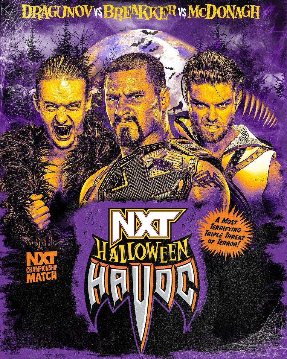 Heute Nacht ist #HalloweenHavoc! 🎃 NXT Championtitel Match @bronbreakkerwwe vs. @UNBESIEGBAR_ZAR vs. @jd_mcdonagh! LIVE ab 2 Uhr auf @WWENetwork (danach On-Demand)! #WWENXT