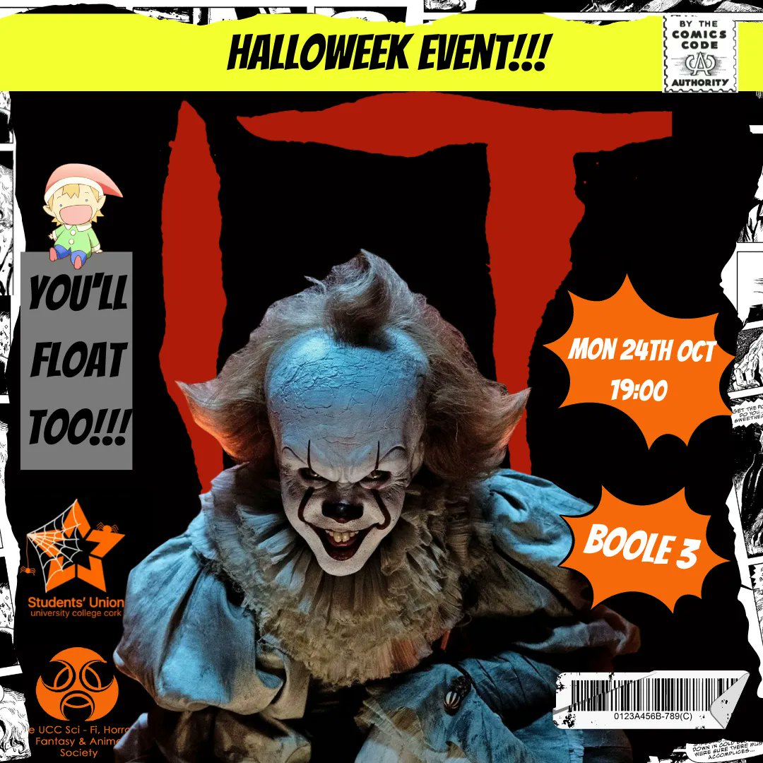 uccscifi's tweet photo. It's time to float. Our first event of Halloweek is in collaboration with the UCC Students Union!

We're screening IT (2017) this Monday the 24th of October at 7pm in Boole 3!

Come join us for a spooky start to an exciting week! https://t.co/caWpzac68m
