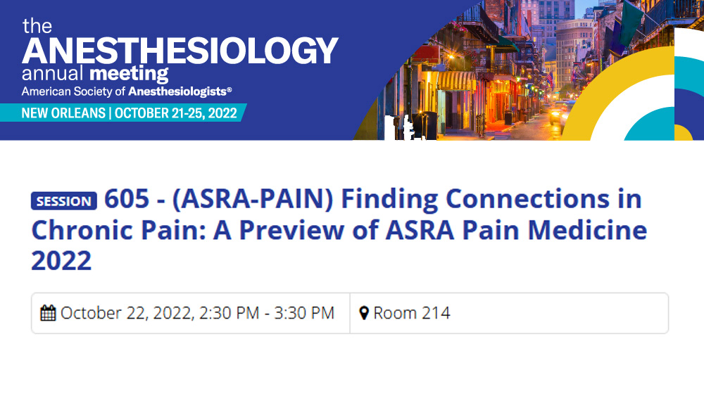 ASRA_Society's tweet photo. What's the future of #painmedicine? Find out at our #ANES22 panel, Finding Connections in Chronic Pain: A Preview of ASRA Pain Medicine 2022. Get caught up on the top finding presented at #ASRAFALL21 & #ASRAFALL22, today @ 2:30 pm in Room 214! https://t.co/qvZN1Q49IS @ASALifeline https://t.co/GPoepQlrXK