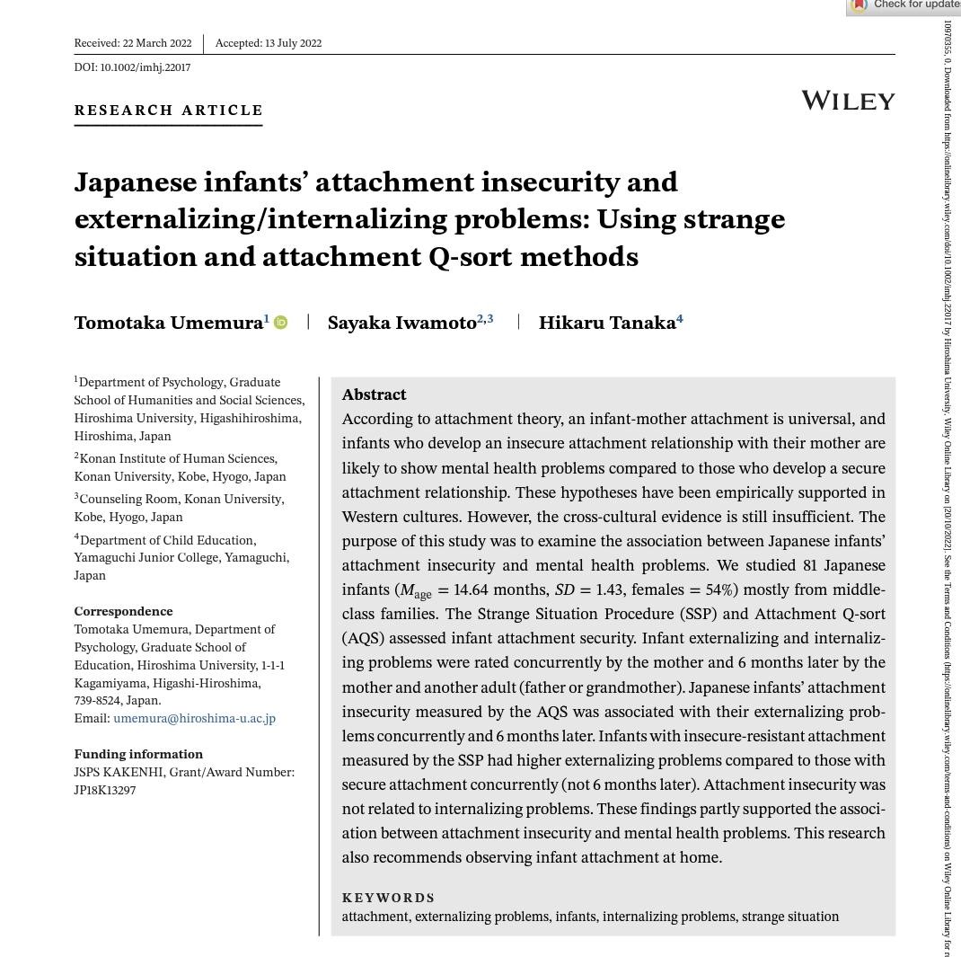 TomoUmemura's tweet photo. Our study has finally been published in Infant Mental Health Journal. This is a new Japanese Strange Situation study. Please support our research!
https://t.co/PX7I2NK7ab
Please download it here: https://t.co/Z1jbQEJRUL
#StrangeSituation
#JapanesePsychology
#Attachment https://t.co/mfKbizuf1c