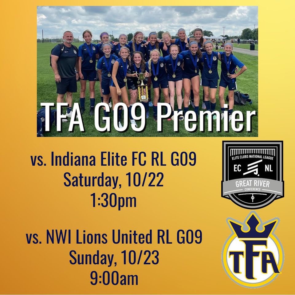 TFA_Cincinnati's tweet photo. #TFAG09Premier and #TFAG10Premier continue their ECNL Regional League season this weekend!

Saturday vs. Indiana Elite FC
Sunday vs. NWI Lions United 

Good Luck teams! https://t.co/B3BqB4VAyY