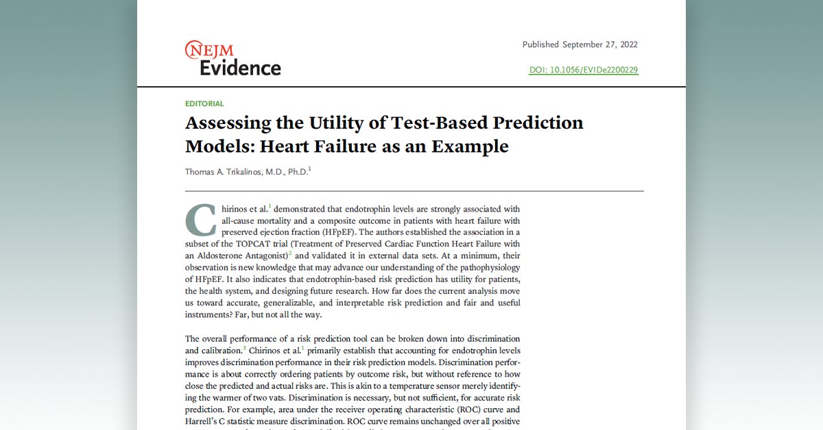 NEJM Evidence (@nejmevidence) on Twitter photo Editorial: “Assessing the Utility of Test-Based Prediction Models: Heart Failure as an Example,” by Thomas A. Trikalinos, MD, PhD. eviden.cc/3fnSEa5
#BioStats #CardioTwitter #MedTwitter #ClinicalTrials <a href="/BrownHSPP/">Health Services, Policy & Practice Department</a> <a href="/BrownBiostats/">Brown Biostatistics</a> <a href="/Brown_SPH/">Brown University School of Public Health</a> <a href="/BrownEvSynth/">Brown EvSynth Health</a> <a href="/Brown_DSI/">Brown Data Science Institute</a> Editorial: “Assessing the Utility of Test-Based Prediction Models: Heart Failure as an Example,” by Thomas A. Trikalinos, MD, PhD. eviden.cc/3fnSEa5
#BioStats #CardioTwitter #MedTwitter #ClinicalTrials <a href="/BrownHSPP/">Health Services, Policy & Practice Department</a> <a href="/BrownBiostats/">Brown Biostatistics</a> <a href="/Brown_SPH/">Brown University School of Public Health</a> <a href="/BrownEvSynth/">Brown EvSynth Health</a> <a href="/Brown_DSI/">Brown Data Science Institute</a>