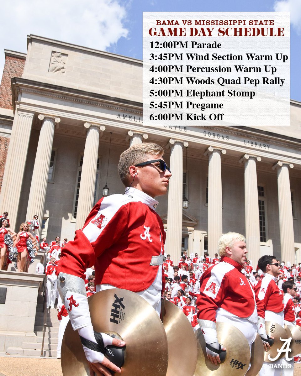 ua_mdband's tweet photo. The official gameday schedule ✅

#uamilliondollarband #crimsonettes #colorguard #ua #rolltide #alabamafootball #gameday #letsgobama https://t.co/X4NY3Fq5Te