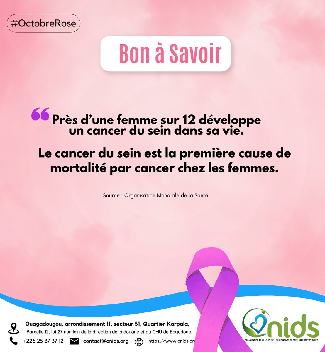 ONIDS (@onidsbf) on Twitter photo Selon l' #OMS, près d' 1 femme / 12 développe un cancer du sein dans sa vie. Ce cancer est la première cause de mortalité parmis les cancers feminins.
Rdv dans le centre de santé le plus proche pour un dépistage.
#OctobreRose #CancerDuSein #ONIDS_CampagneRose <a href="/amplifyfund/">AmplifyChange</a> <a href="/awdf01/">African Women's Development Fund</a> Selon l' #OMS, près d' 1 femme / 12 développe un cancer du sein dans sa vie. Ce cancer est la première cause de mortalité parmis les cancers feminins.
Rdv dans le centre de santé le plus proche pour un dépistage.
#OctobreRose #CancerDuSein #ONIDS_CampagneRose <a href="/amplifyfund/">AmplifyChange</a> <a href="/awdf01/">African Women's Development Fund</a>