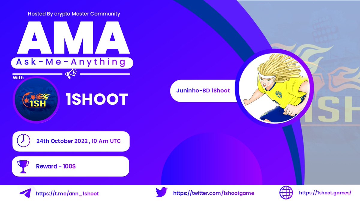 CryptoMasterCom's tweet photo. Crypto Masters Will host an  #AMA Session with @1shootgame on 24 October 2022 At 10:00 AM UTC 

🏡 Venue - https://t.co/Z9uJUFZAxI
💰 Rewards - 100$

📌Rules
💠 Follow @1shootgame  &amp; @CryptoMasterCom
💠Post Questions &amp; Like , Rt https://t.co/4kMwZZdujk