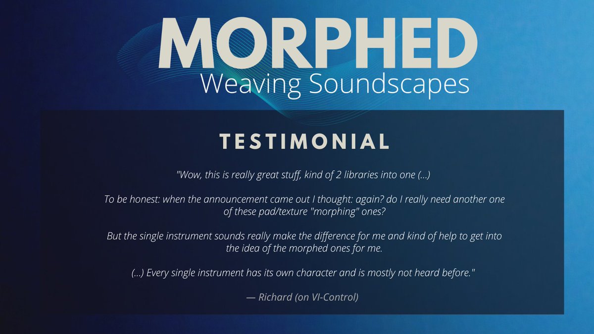 VisionsTNTmusic's tweet photo. What our customers say about MORPHED! 
MORPHED - Weaving Soundscapes on SALE now! 
More info on: https://t.co/Ix74lrjkst (link in bio)

 #mediacomposer #komplete #garageband #musiccomposer #composerlife #nativeinstruments #ambient #cubase #musicproducer #sampling https://t.co/OjobdDDPA8