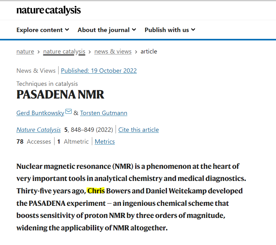BowersResearch's tweet photo. Who is this "Chris Bowers" fellow who is credited with the PASADENA experiment? Yet another historical revision? @nmr900 @NatureCatalysis https://t.co/4HokMmyYAm