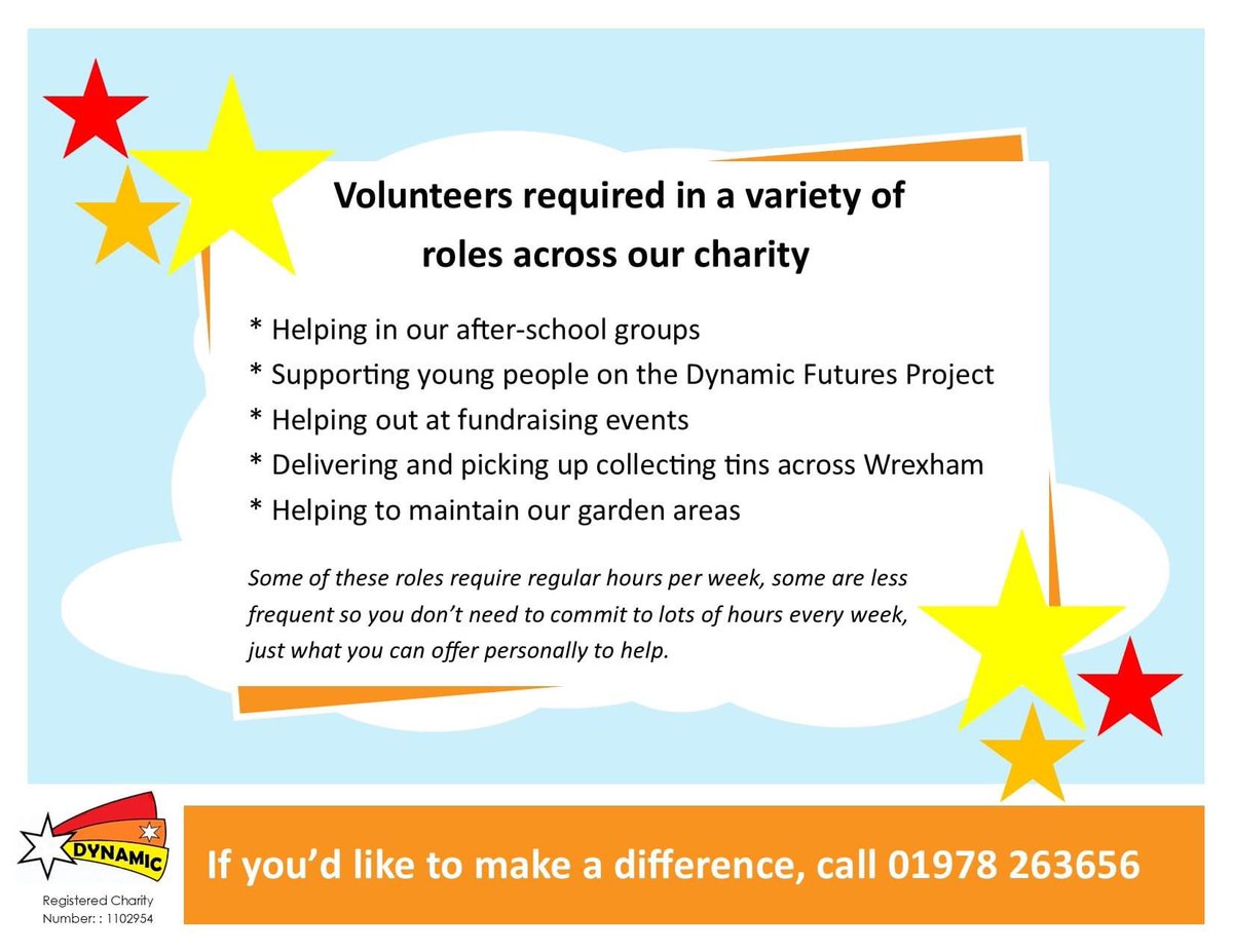 DynamicWrexham's tweet photo. Could you make a difference to the lives of children & young people with disabilities? We currently have a range of opportunities for volunteers across our charity.
For more info, please call 01978 263656.
#dynamic #dynamicfutures #makeadifferenceday #volunteers #fundraising https://t.co/GNdEDKMeYY
