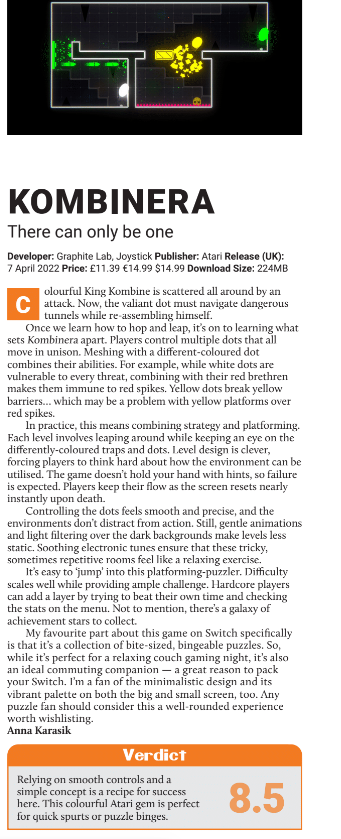 kombineragame's tweet photo. Its an 8.5! Thanks to the team at @NintyFreshMag for these kind words about our game on #NintendoSwitch @Nintendo @NintendoUK @JoystickLLC #puzzlegame #indiegame https://t.co/KpBSj2NAzA