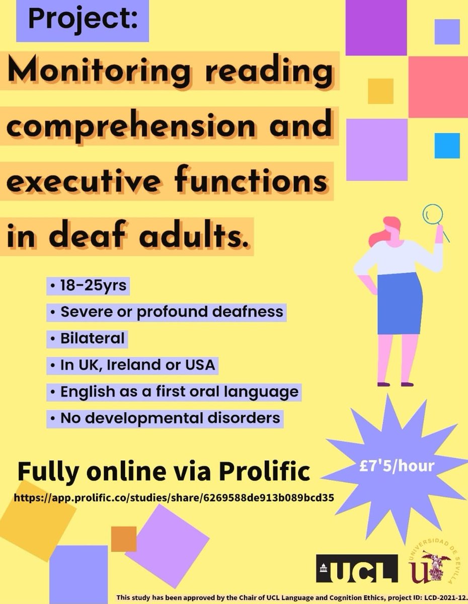 Bristol_SLTRU's tweet photo. An International study are recruiting deaf adults in the UK, Ireland and USA for the project "Monitoring Reading Comprehension and Executive Functions in Deaf Adults".
Interested?
Check out the link for more information: https://t.co/z5fQug4BSf
Please share widely! #DeafReading https://t.co/5AZ3w8wnfF