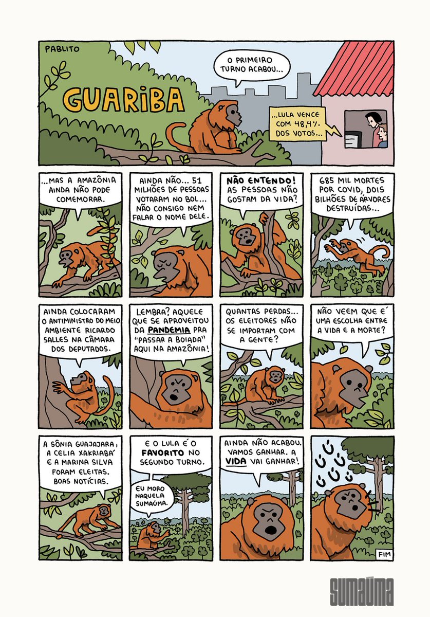 Em Notícias em Quadrinhos, por Pablito Aguiar <a href="/_pablitoaguiar/">Pablito</a>, "Guariba: a visão de um morador da floresta sobre a Amazônia".

#Guariba #Amazônia #FlorestaAmazônica #Eleições #SegundoTurno #SUMAÚMAJornalismo #PablitoAguiar #NotícasEmQuadrinhos