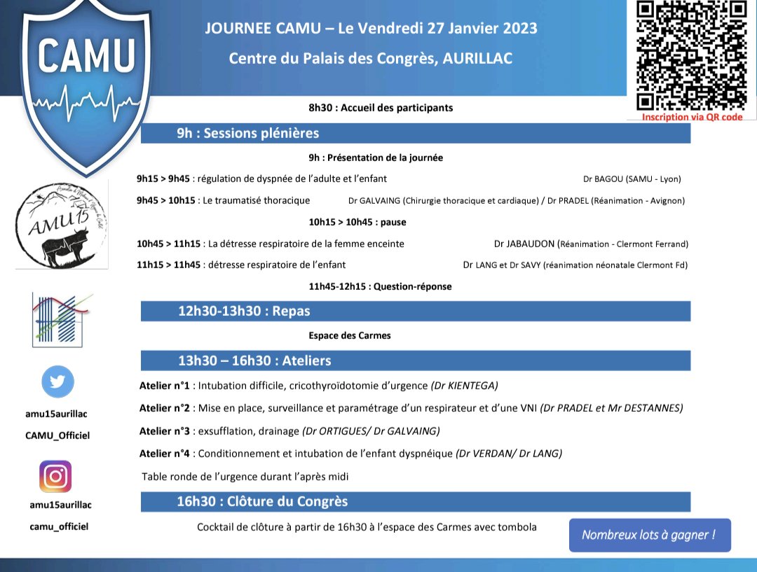 🚨📣 ☺️🎉 ÉVÉNEMENT 🎉 ☺️📣🚨 

**Journée scientifique du Collège Auvergnat de Médecine d'Urgence le 27 janvier 2023 à Aurillac 🥰 **