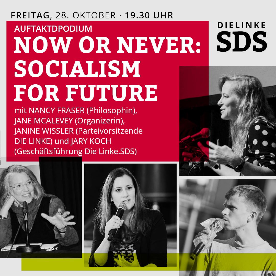 Jetzt keine Woche mehr, bis sich 1000 junge Menschen aus ganz Deutschland in #Leipzig beim #SystemChangeKongress treffen. Am Abend von Tag 1 diskutieren wir mit @Janine_Wissler, Jane McAlevey und Nancy Fraser 💥 @dieLinke @lijusolid #Linke #solidarischerHerbst