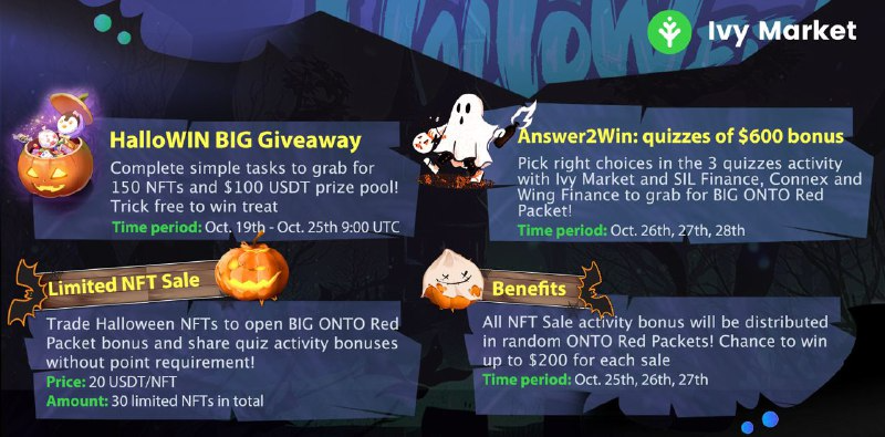 Gm & gn! While enjoying this pre #Halloween weekend, don't forget to check what's coming up at #IvyMarket's #HalloWIN events👇 ✍️ Do simple tasks to win 150 NFTs + $100 USDT 🙋 Answer to win $600 💎 Trade to win $600 Rewards will be given in BIG @ONTOWallet 🧧🧧🧧 Stay tuned!