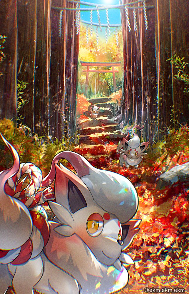 pokemon (creature) no humans outdoors torii day white pupils rope  illustration images