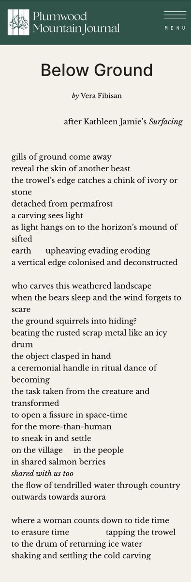 Anna_Selby's tweet photo. Loving the slow reveal of this poem by @verafibisan in the new issue of @plmwdmountain edited by Charmaine Papertalk Green &amp; John Kinsella with a focus on the intersections between environmentalism, human rights &amp; Indigenous rights issues #bluehumanties #ecopoetry #blueextinction https://t.co/HlWCGhB0U1