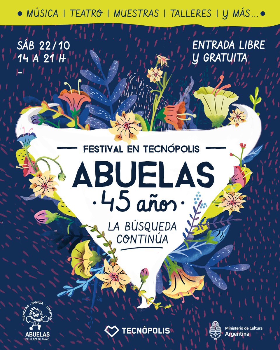 📢¡Es HOY! 22 de octubre, de 14 a 21 hs. vení a conmemorar el aniversario de #Abuelas45Años a @tecnopolisArg 
🎭🎤🎨🛝🧩Habrá múltiples actividades, con entrada libre y gratuita, para todas las edades.
➡️En este link toda la programación: abuelas.org.ar/noticia/el-de-…
